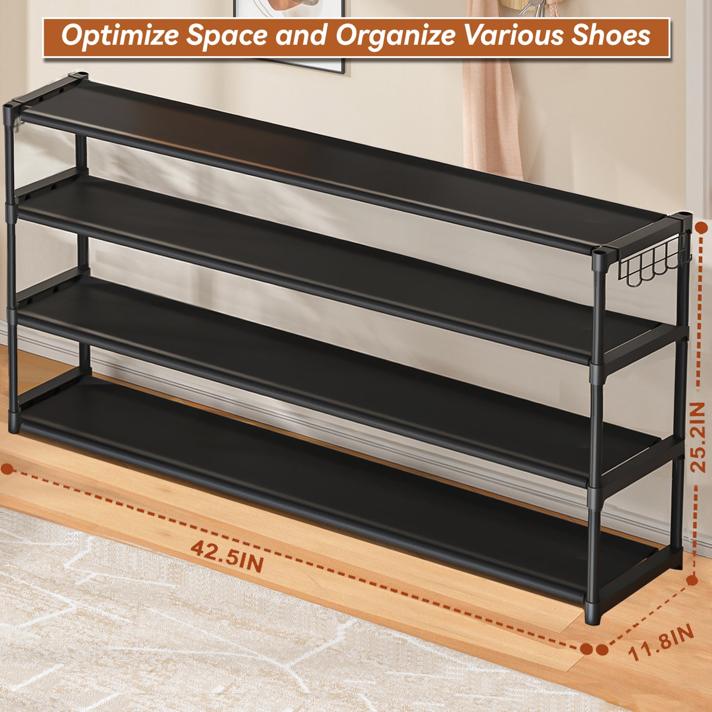 Extra Long Shoe Rack 4 Tier Shoe Storage Organizer with 2 Hooks, Wide Stackable Shoe Organizer Racks for Closet Entryway,Shoe Shelf Stand Sturdy Durable Shoes Holder Save Space Up to 26Pairs