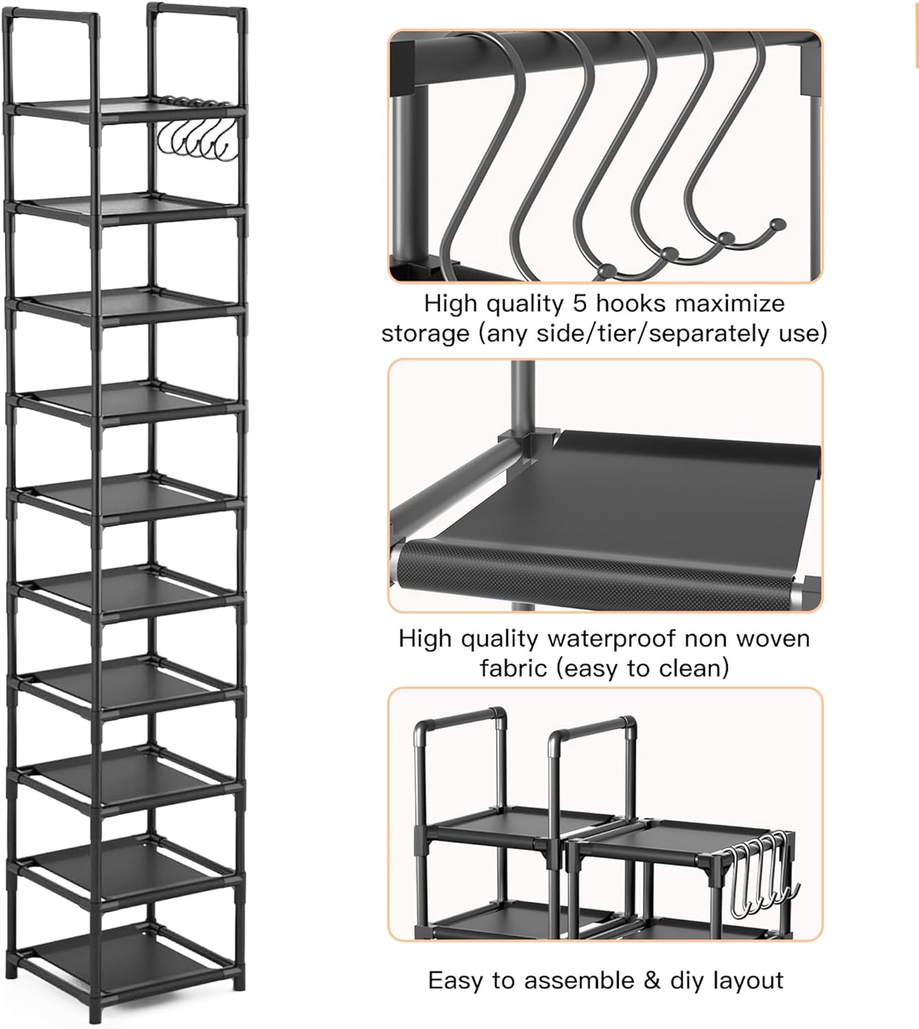 LUKYTOWER Tall Shoe Rack Narrow 10Tier Shoe Racks Organizer for Closet 10-15Pairs, Storage Rack for Shoes with 5Hooks, Sturdy Metal Shoe Shelf, Vertical Skinny Shoe Stand for Small Space