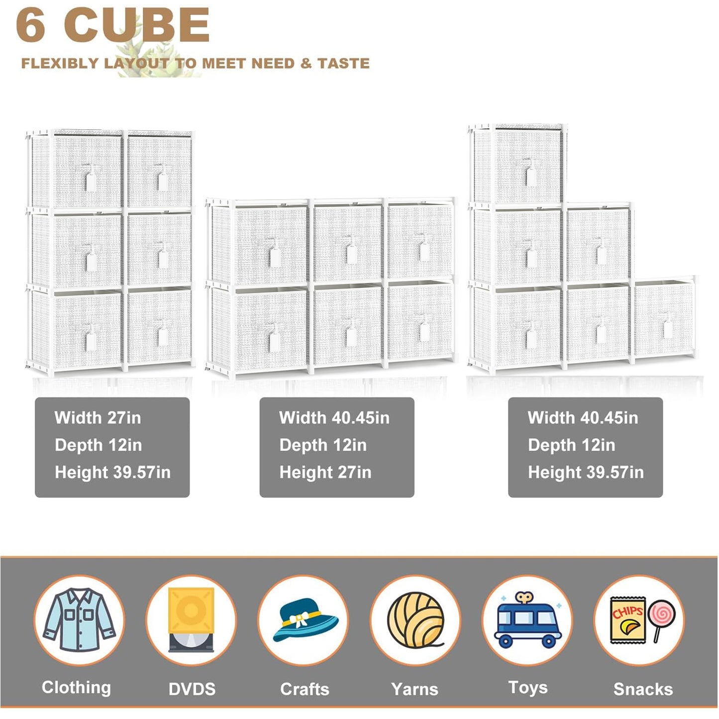 Cube Storage Organizer Shelf with 6 Printed Bins + Labels, Cubby Storage Organizer with Bins, Large Capacity Shelves for Storage,Closet, Living Room, Dorm, Yarn