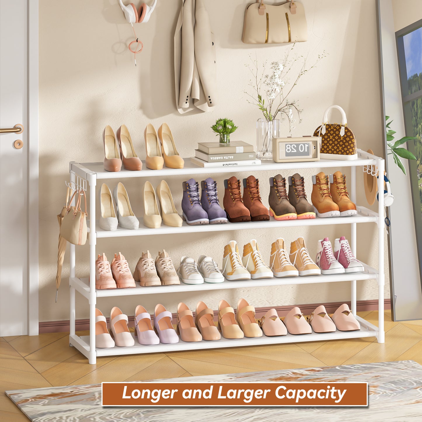 Extra Long Shoe Rack 4 Tier Shoe Storage Organizer with 2 Hooks, Wide Stackable Shoe Organizer Racks for Closet Entryway,Shoe Shelf Stand Sturdy Durable Shoes Holder Up to 26Pairs, White