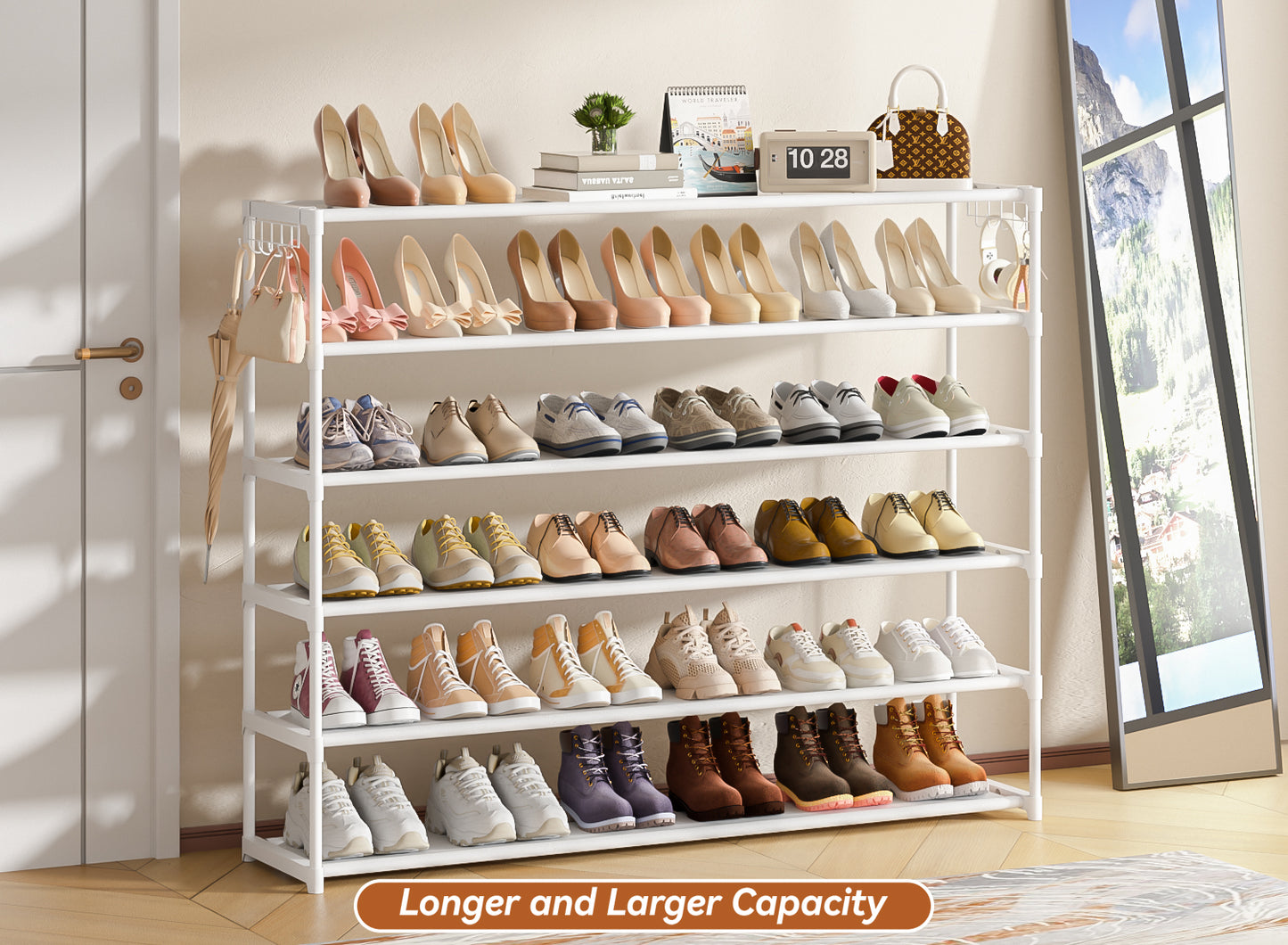 Extra Long Shoe Rack 6 Tier Shoe Storage Organizer with 2 Hooks, Wide Stackable Shoe Organizer Racks for Closet Entryway,Shoe Shelf Stand Sturdy Durable Shoes Holder Up to 39Pairs, White