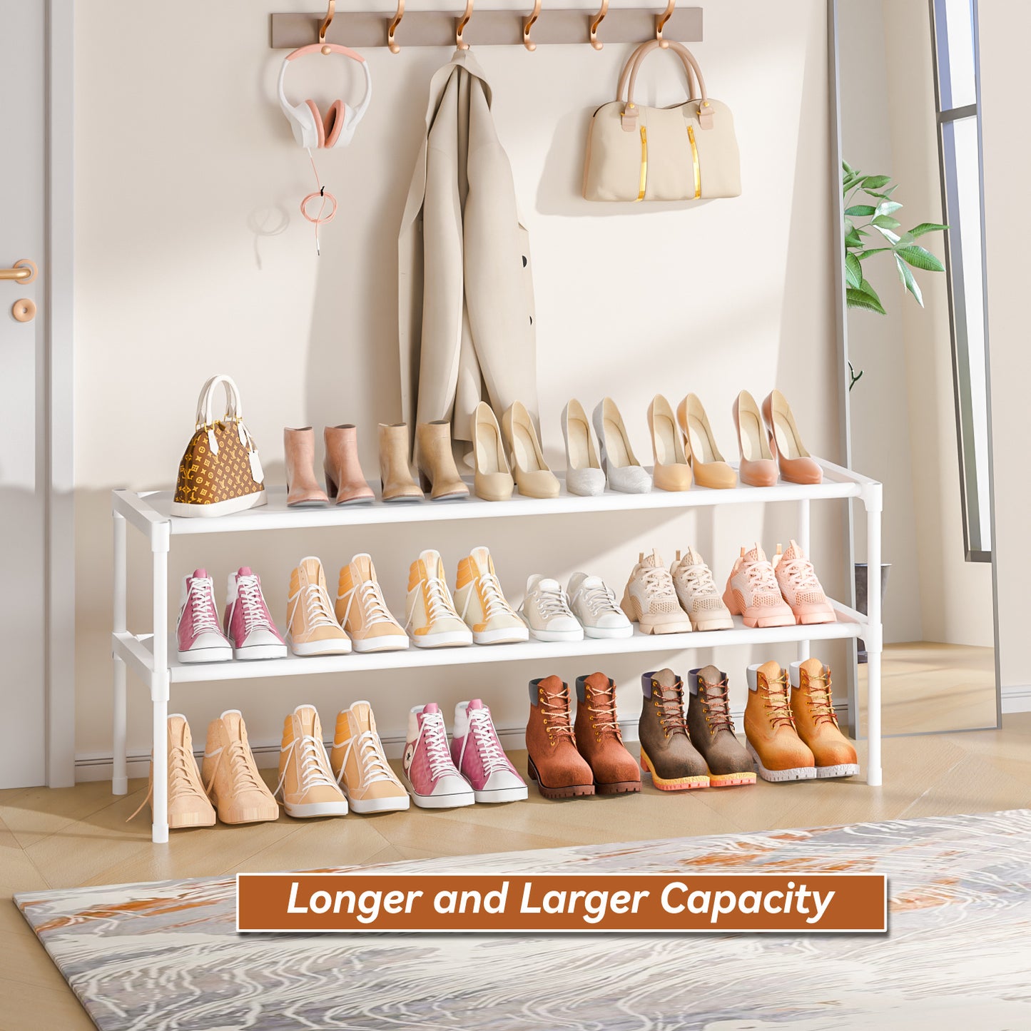 LUKYTOWER Extra Long Shoe Rack 2 Tier Shoe Storage Organizer Wide Stackable Shoe Organizer Racks for Closet Entryway,Shoe Shelf Stand Sturdy Durable Shoes Rack Holder Save Space