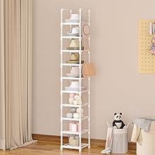 LUKYTOWER Tall Shoe Rack Narrow 10Tier Shoe Racks Organizer for Closet 10-15Pairs, Storage Rack for Shoes with 5Hooks, Sturdy Metal Shoe Shelf, Vertical Skinny Shoe Stand for Small Space