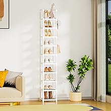 LUKYTOWER Tall Shoe Rack Narrow 10Tier Shoe Racks Organizer for Closet 10-15Pairs, Storage Rack for Shoes with 5Hooks, Sturdy Metal Shoe Shelf, Vertical Skinny Shoe Stand for Small Space