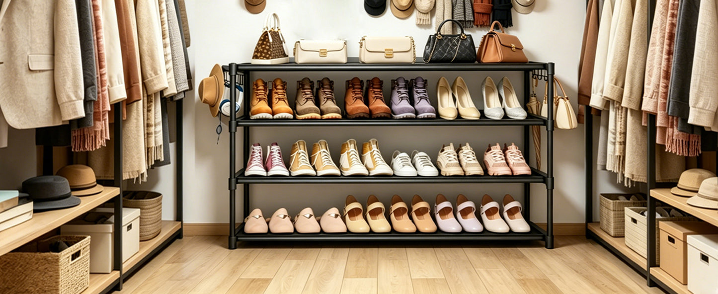 Extra Long Shoe Rack 4 Tier Shoe Storage Organizer with 2 Hooks, Wide Stackable Shoe Organizer Racks for Closet Entryway,Shoe Shelf Stand Sturdy Durable Shoes Holder Up to 26Pairs, White
