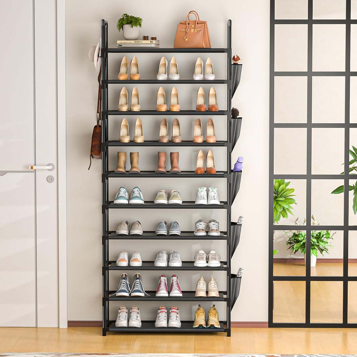 Tall Shoe Rack 10 Tier Shoe Organizer Racks for Closet Shoes Rack, Storage Metal Shoe Shelf with 5Hooks and Pocket,Sturdy Shoe Stand Tower Rack for Shoes