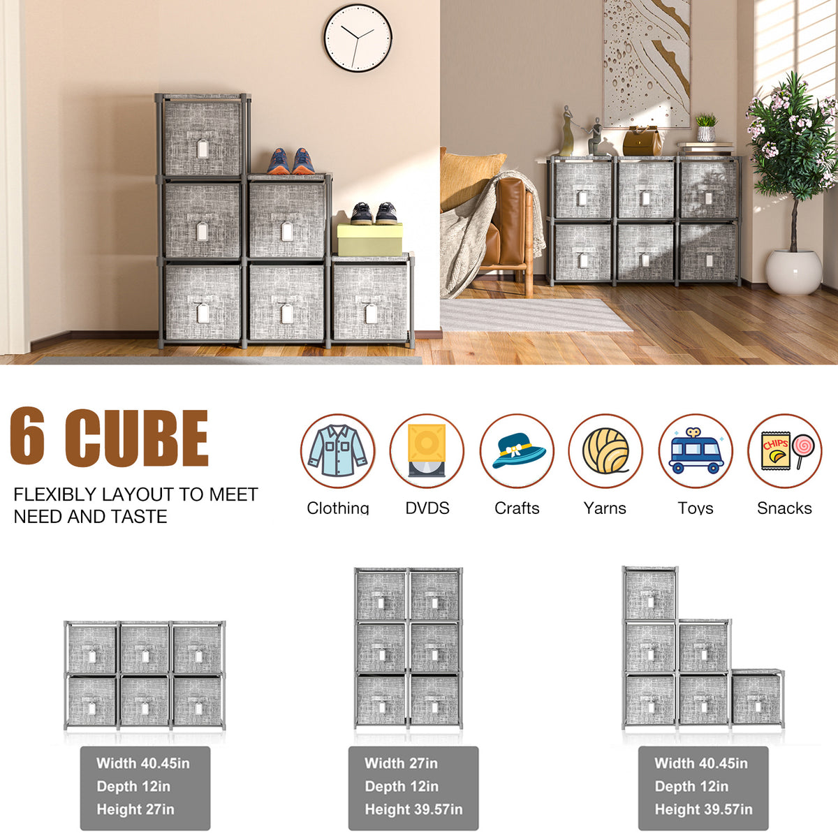 LUKYTOWER Cube Storage Organizer Shelf with 6 Printed Bins + Labels, Cubby Storage Organizer with Bins, Large Capacity Shelves for Storage,Closet, Living Room, Dorm, Yarn