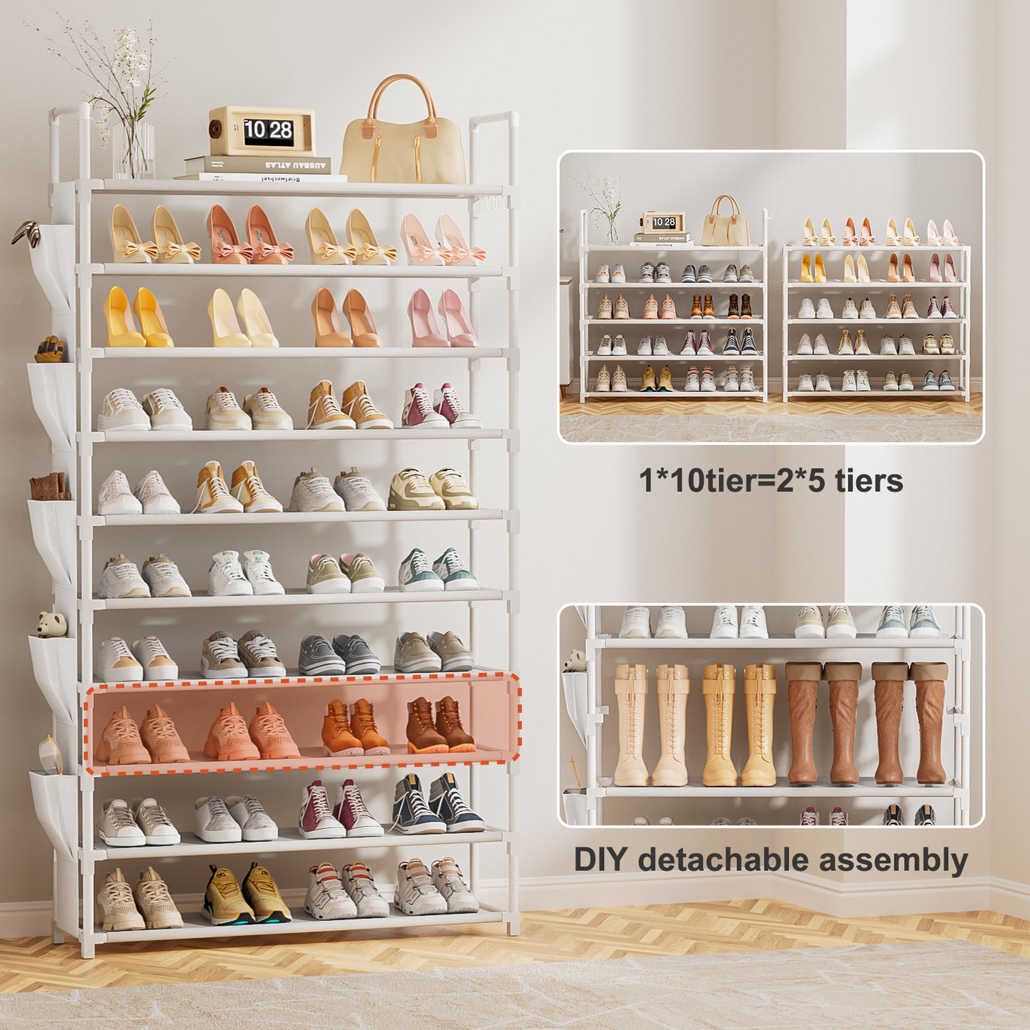 Tall Shoe Rack 10 Tier Shoe Racks Organizer for Closet 40-45Pairs,Large Capacity Storage Rack for Shoes with 5Hooks,Sturdy Metal Shoe Shelf, Vertical Shoe Stand Tower