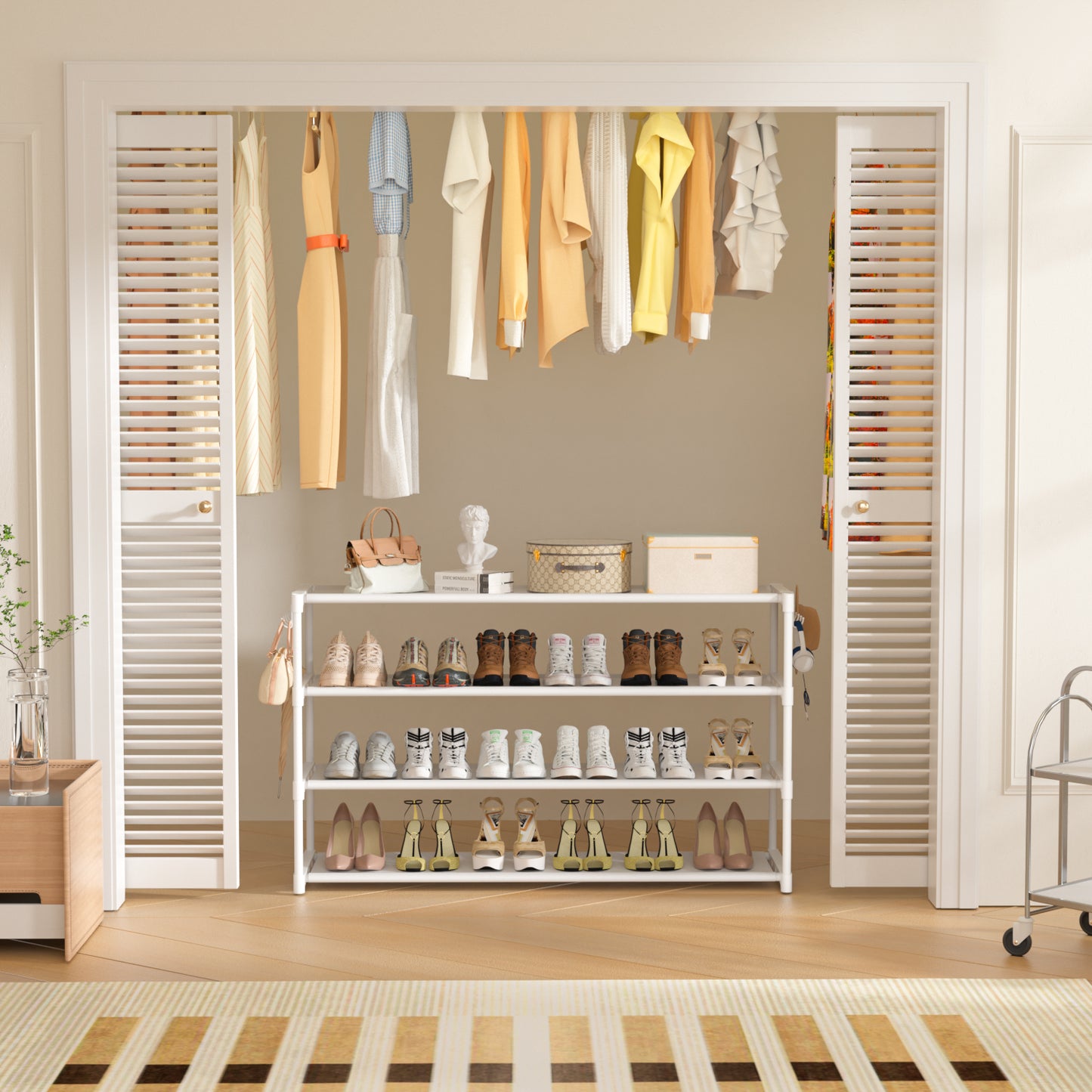 Extra Long Shoe Rack 4 Tier Shoe Storage Organizer with 2 Hooks, Wide Stackable Shoe Organizer Racks for Closet Entryway,Shoe Shelf Stand Sturdy Durable Shoes Holder Up to 26Pairs, White