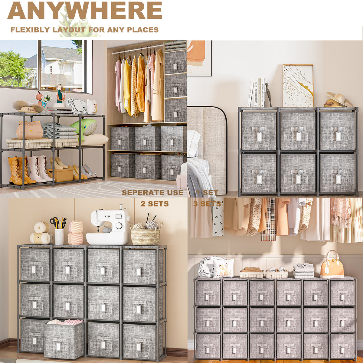 LUKYTOWER Cube Storage Organizer Shelf with 6 Printed Bins + Labels, Cubby Storage Organizer with Bins, Large Capacity Shelves for Storage,Closet, Living Room, Dorm, Yarn