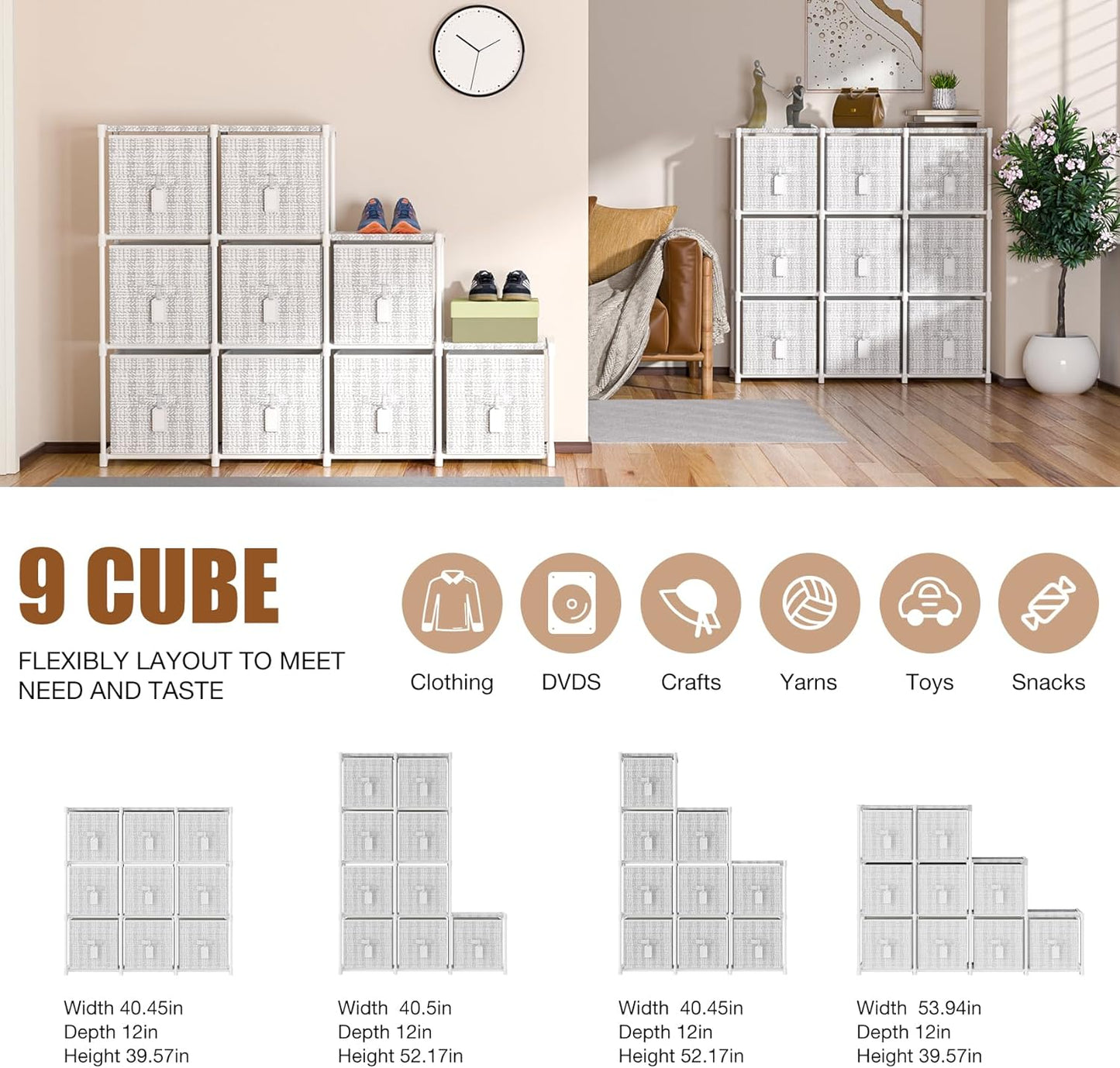 9 Cube Closet Organizers and Storage with Beautiful Printed Cube Storage Organizer Drawers + Labels,9 Cube Storage Shelf, Toy Cubby Storage Organizer, Cube Organizer