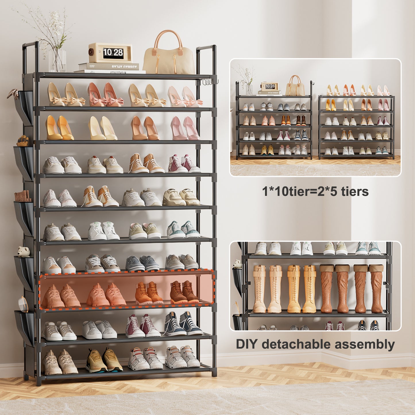 Tall Shoe Rack 10 Tier Shoe Racks Organizer for Closet 40-45Pairs,Large Capacity Storage Rack for Shoes with 5Hooks,Sturdy Metal Shoe Shelf, Vertical Shoe Stand Tower