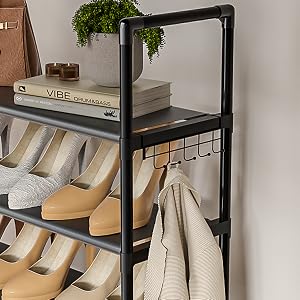 LUKYTOWER Tall Shoe Rack - 10 Tier Shoe Organizer with 5 Hooks, Pocket & Sturdy Stand for Closet Shoes