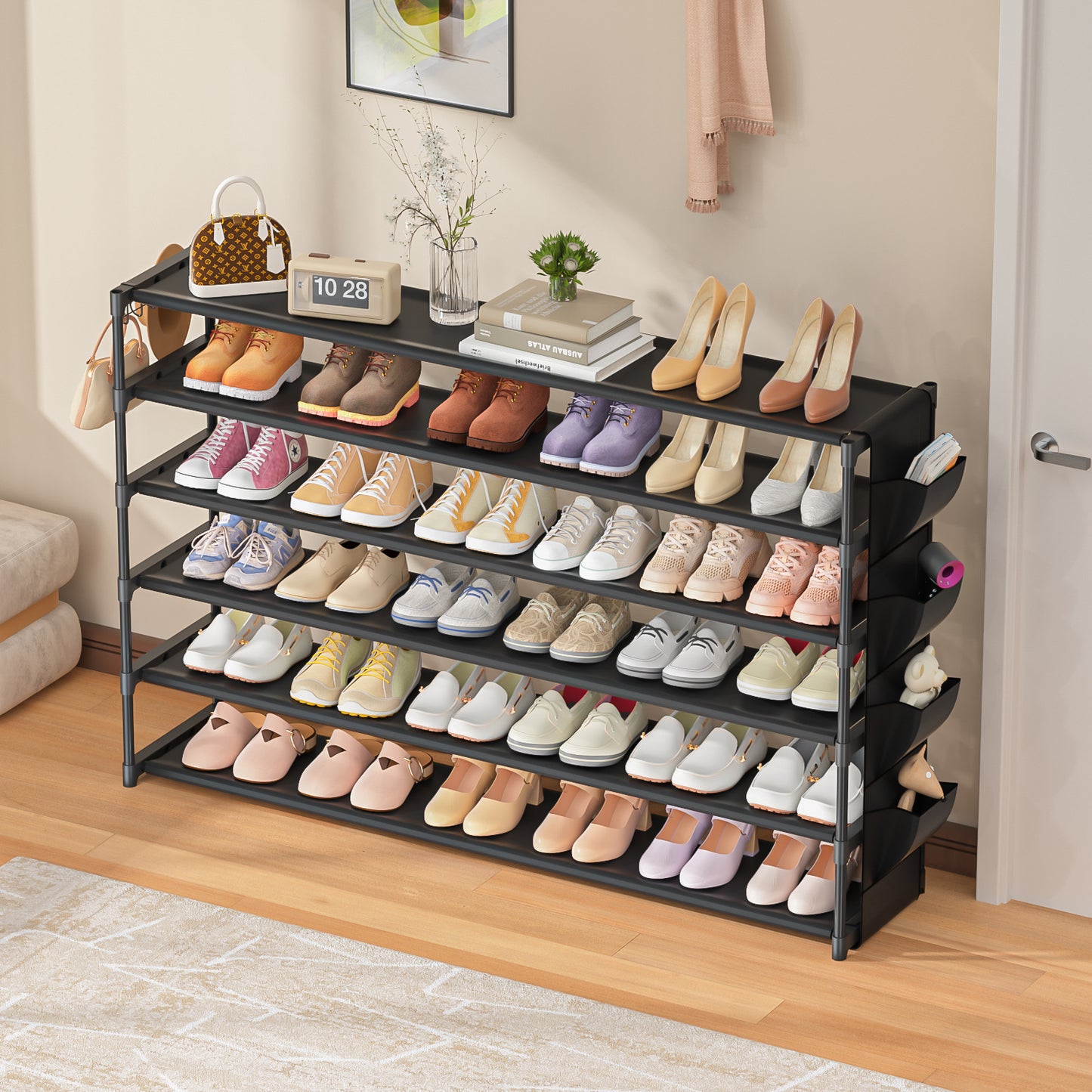 LUKYTOWER Long Shoe Rack 6 Tier Shoes Rack Organizer with Hook and Pocket, Stackable Shoe Storage Rack for Closet, Shoe Organizer Entryway Shoe Holder Shoe Shelf Stand Large Up to 42Pairs