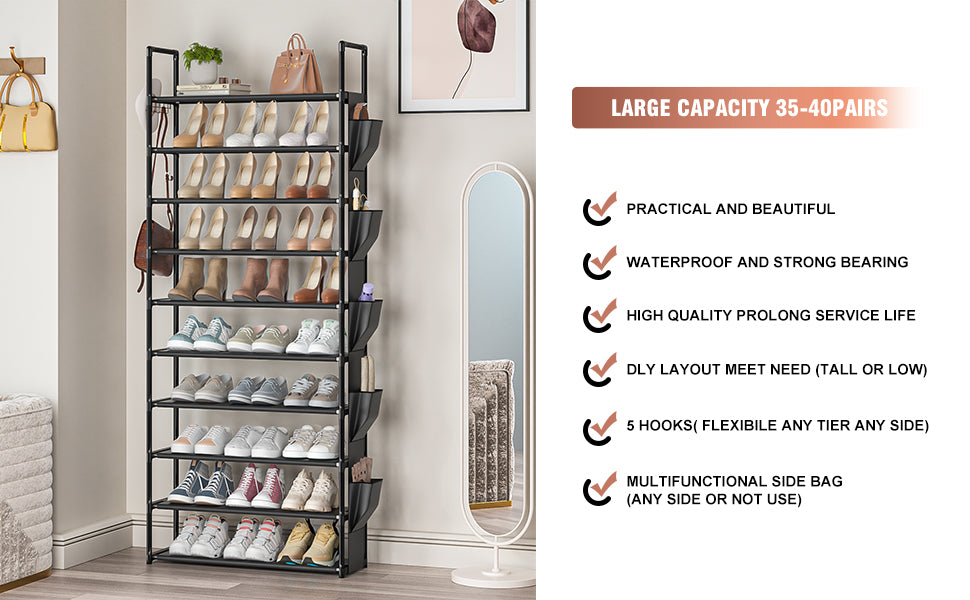 LUKYTOWER Tall Shoe Rack - 10 Tier Shoe Organizer with 5 Hooks, Pocket & Sturdy Stand for Closet Shoes