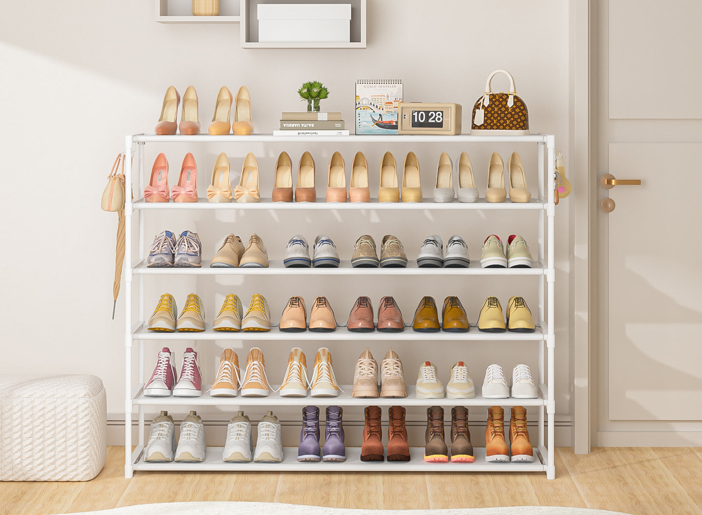 Extra Long Shoe Rack 6 Tier Shoe Storage Organizer with 2 Hooks, Wide Stackable Shoe Organizer Racks for Closet Entryway,Shoe Shelf Stand Sturdy Durable Shoes Holder Up to 39Pairs, White
