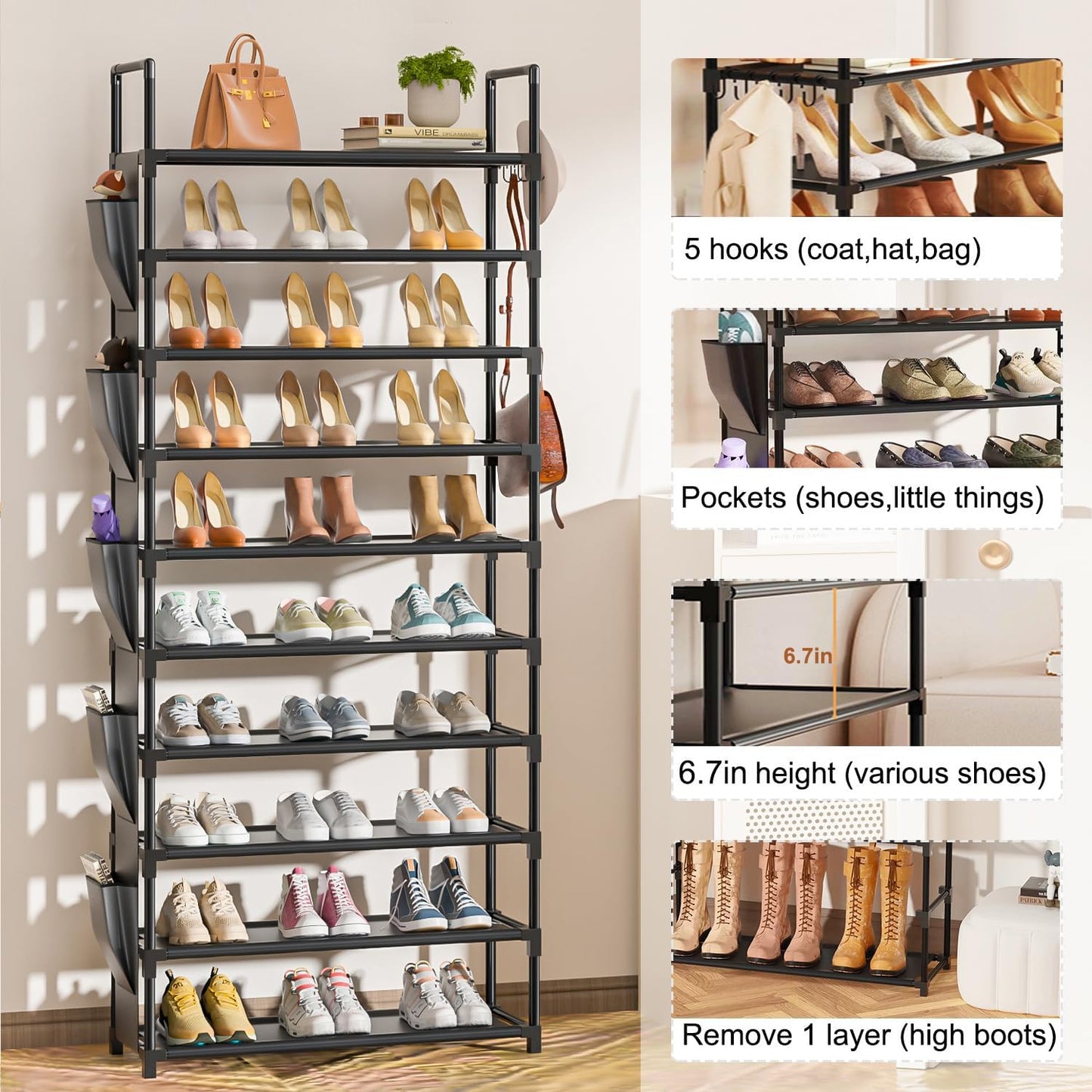 Tall Shoe Rack 10 Tier Shoe Organizer Racks for Closet Shoes Rack, Storage Metal Shoe Shelf with 5Hooks and Pocket,Sturdy Shoe Stand Tower Rack for Shoes