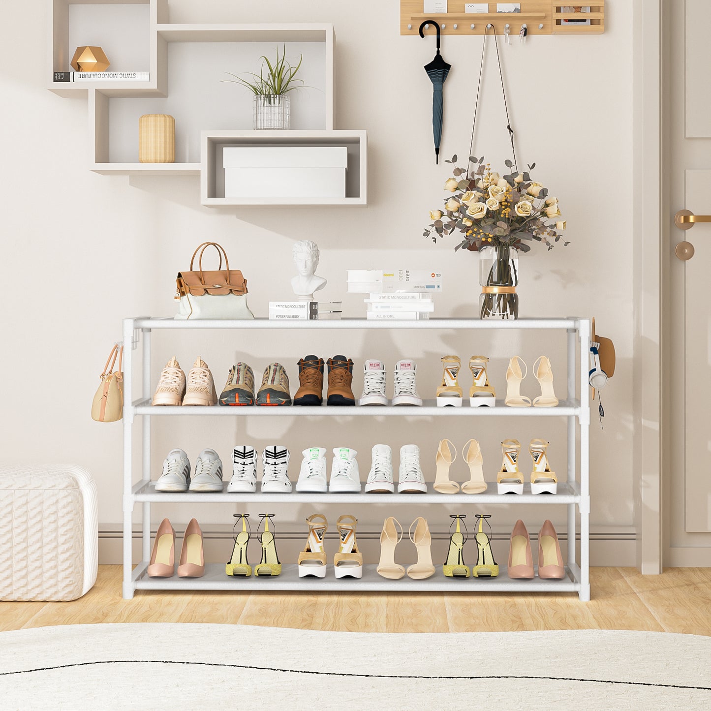 Extra Long Shoe Rack 4 Tier Shoe Storage Organizer with 2 Hooks, Wide Stackable Shoe Organizer Racks for Closet Entryway,Shoe Shelf Stand Sturdy Durable Shoes Holder Up to 26Pairs, White