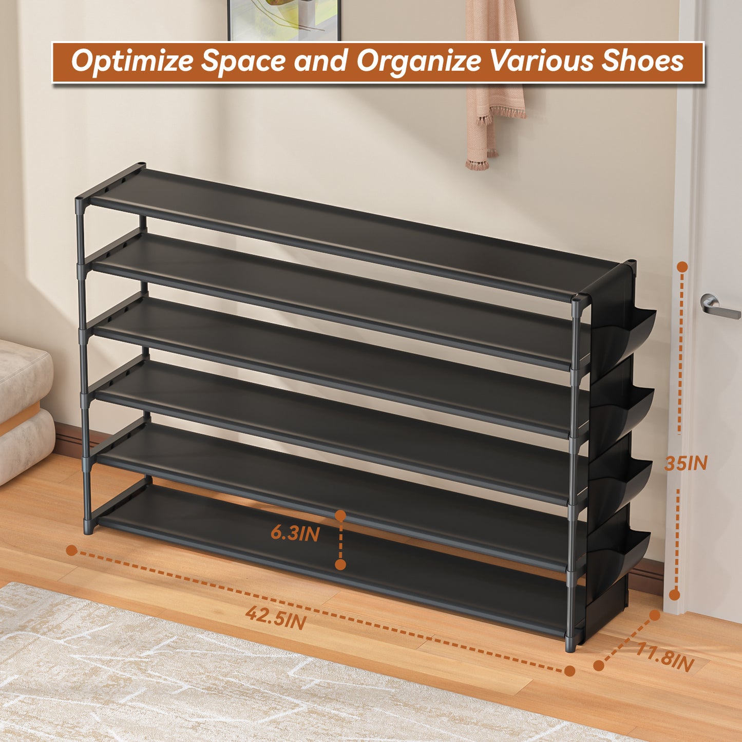 LUKYTOWER Long Shoe Rack 6 Tier Shoes Rack Organizer with Hook and Pocket, Stackable Shoe Storage Rack for Closet, Shoe Organizer Entryway Shoe Holder Shoe Shelf Stand Large Up to 42Pairs