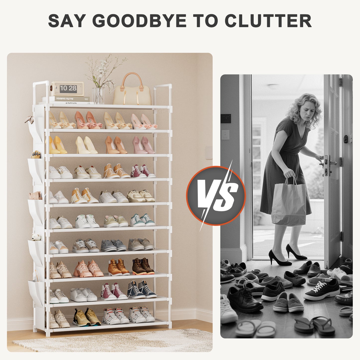 Tall Shoe Rack 10 Tier Shoe Racks Organizer for Closet 40-45Pairs,Large Capacity Storage Rack for Shoes with 5Hooks,Sturdy Metal Shoe Shelf, Vertical Shoe Stand Tower