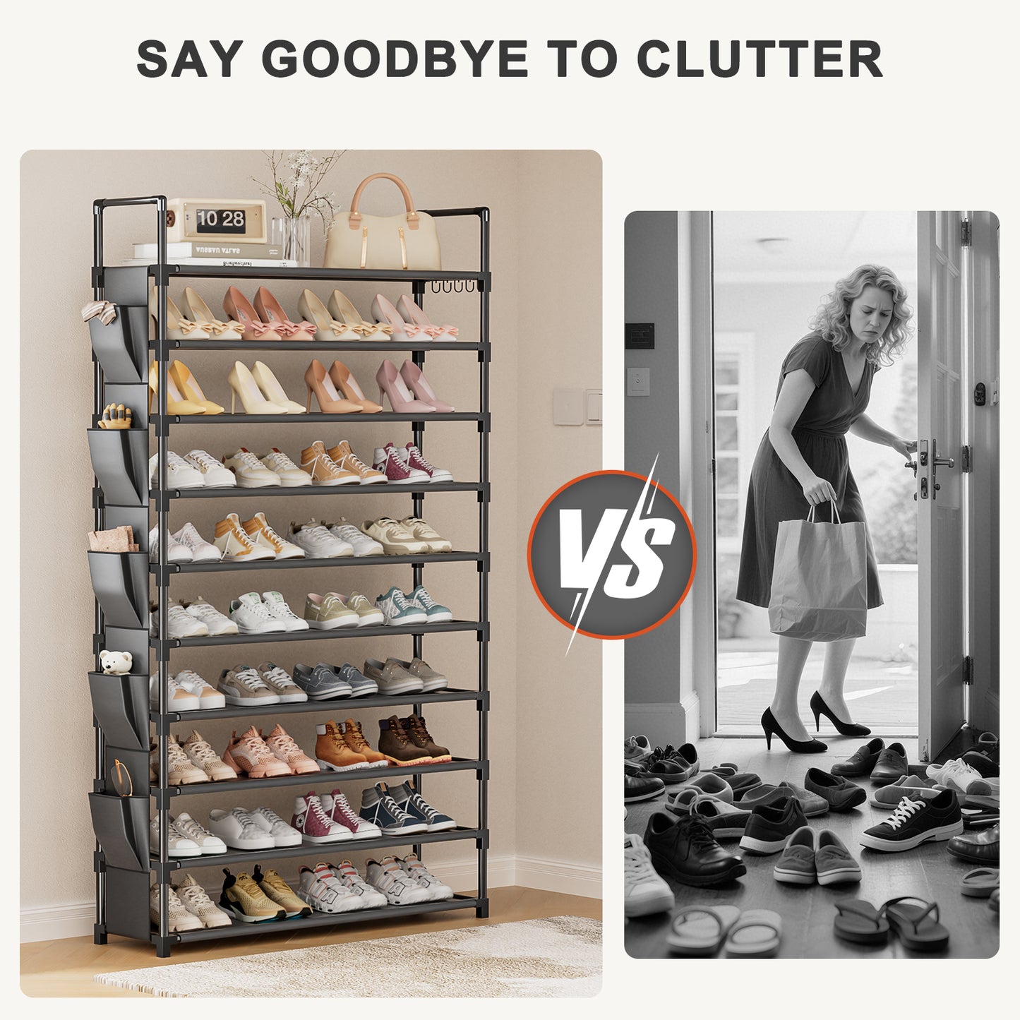 Tall Shoe Rack 10 Tier Shoe Racks Organizer for Closet 40-45Pairs,Large Capacity Storage Rack for Shoes with 5Hooks,Sturdy Metal Shoe Shelf, Vertical Shoe Stand Tower