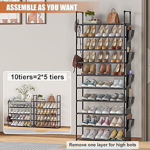 LUKYTOWER Tall Shoe Rack - 10 Tier Shoe Organizer with 5 Hooks, Pocket & Sturdy Stand for Closet Shoes