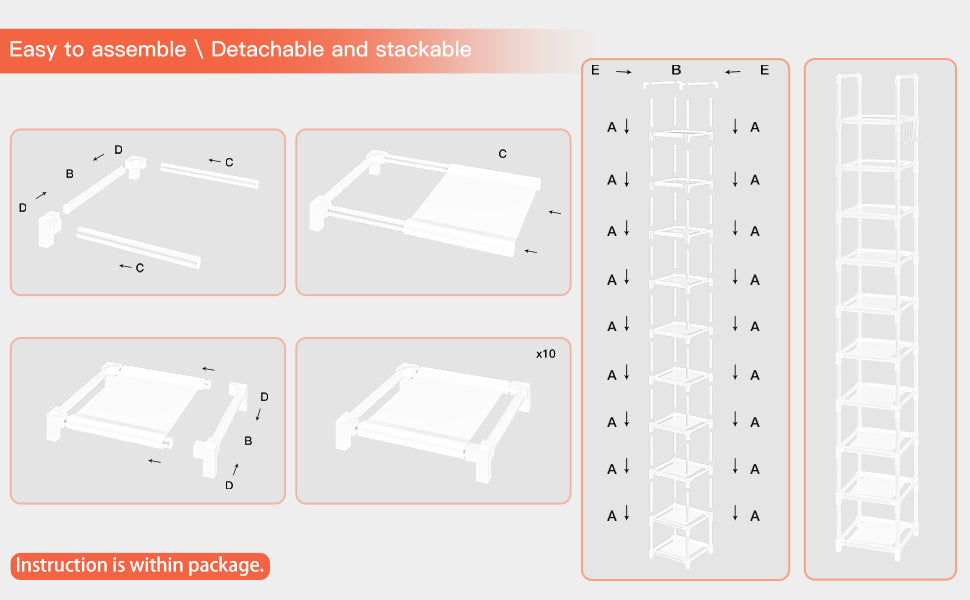 LUKYTOWER Tall Shoe Rack Narrow 10Tier Shoe Racks Organizer for Closet 10-15Pairs, Storage Rack for Shoes with 5Hooks, Sturdy Metal Shoe Shelf, Vertical Skinny Shoe Stand for Small Space
