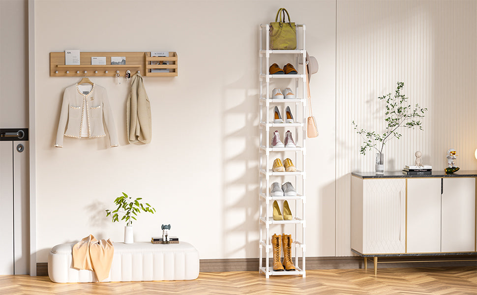 LUKYTOWER Tall Shoe Rack Narrow 10Tier Shoe Racks Organizer for Closet 10-15Pairs, Storage Rack for Shoes with 5Hooks, Sturdy Metal Shoe Shelf, Vertical Skinny Shoe Stand for Small Space