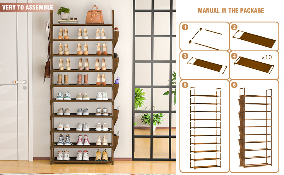 Tall Shoe Rack - 10 Tier Organizer for Closet, 30-35 Pairs, Large Capacity with 5 Hooks and Side Pocket, Sturdy Metal Shoe Shelf, Vertical Shoe Stand Tower