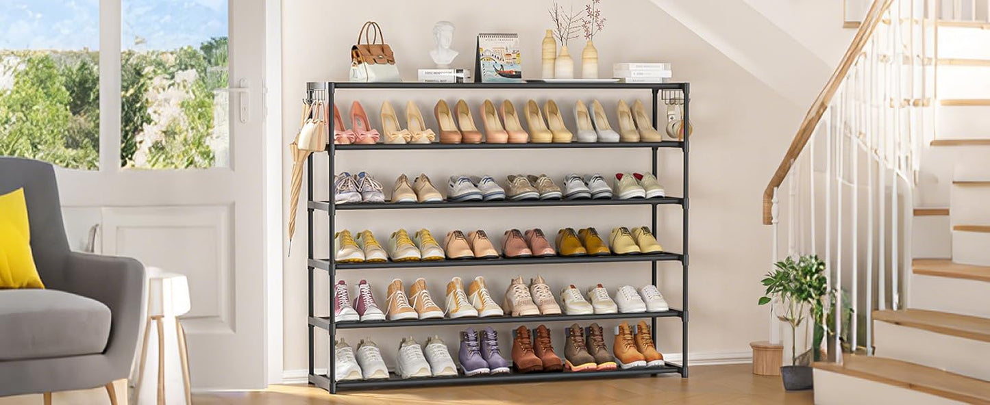 LUKYTOWER Extra Long Shoe Rack 6 Tier 39Pairs, Shoe Storage Organizer with 2 Hooks, Wide Stackable Shoe Organizer Racks for Closet Entryway,Shoe Shelf Stand Sturdy Durable Shoes Holder, Black