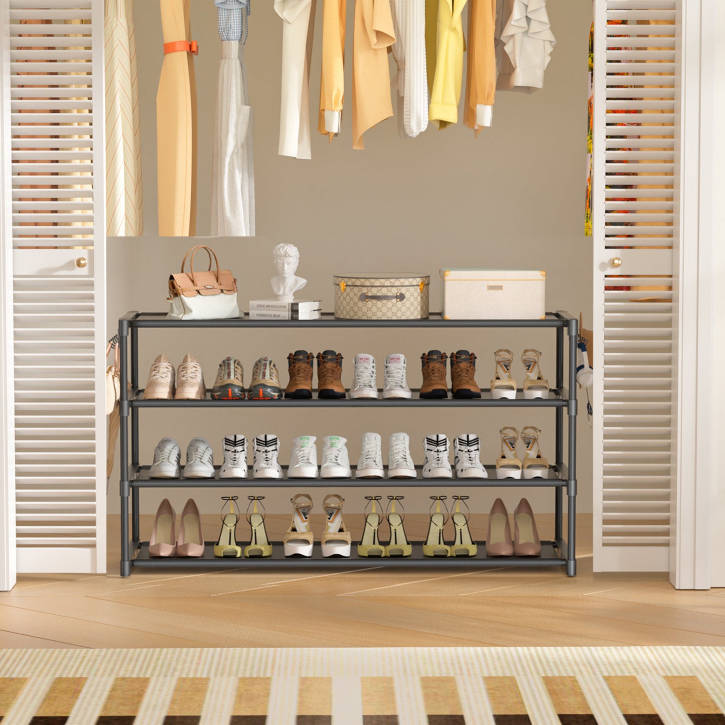 Extra Long Shoe Rack 4 Tier Shoe Storage Organizer with 2 Hooks, Wide Stackable Shoe Organizer Racks for Closet Entryway,Shoe Shelf Stand Sturdy Durable Shoes Holder Save Space Up to 26Pairs