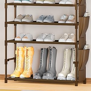 Tall Shoe Rack - 10 Tier Organizer for Closet, 30-35 Pairs, Large Capacity with 5 Hooks and Side Pocket, Sturdy Metal Shoe Shelf, Vertical Shoe Stand Tower