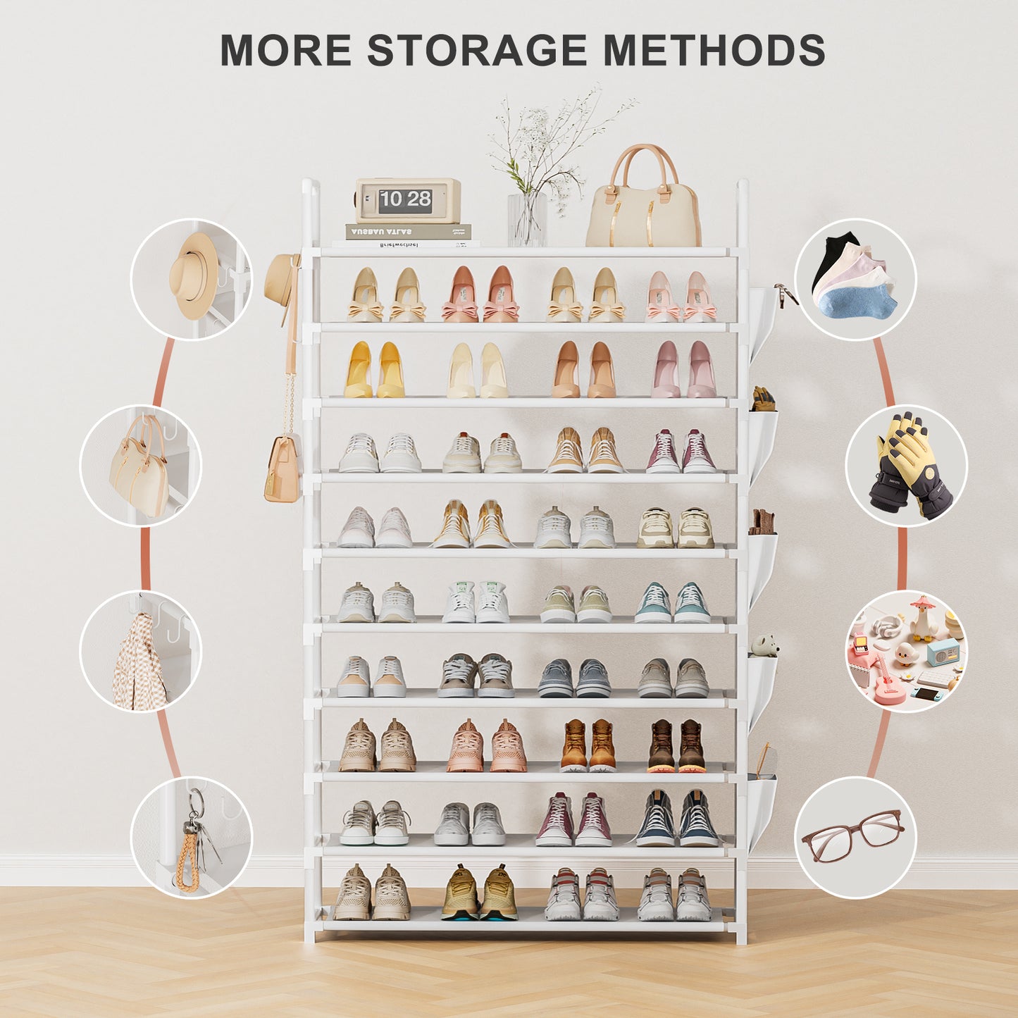 Tall Shoe Rack 10 Tier Shoe Racks Organizer for Closet 40-45Pairs,Large Capacity Storage Rack for Shoes with 5Hooks,Sturdy Metal Shoe Shelf, Vertical Shoe Stand Tower