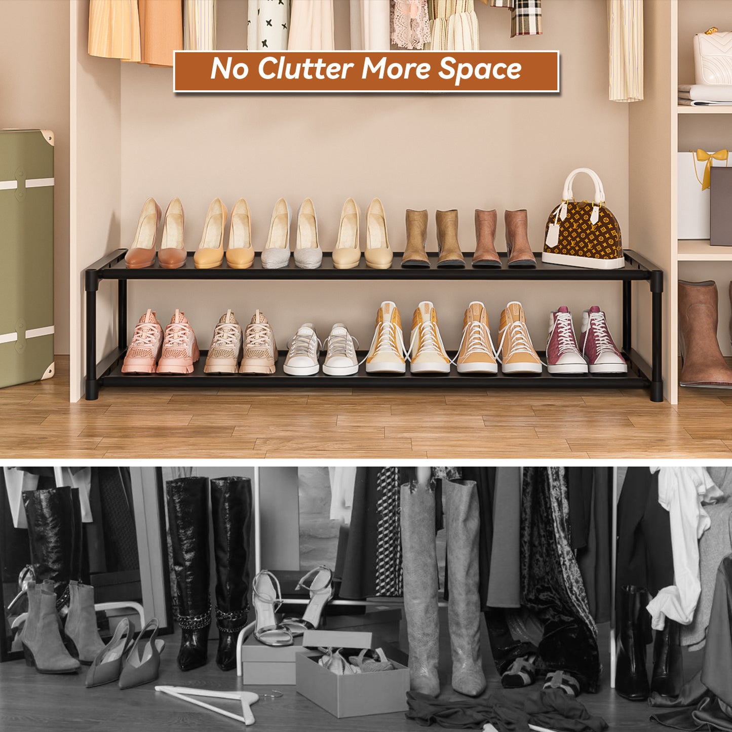 LUKYTOWER Long Shoe Rack Organizer 2 Tier Shoes Rack Storage Organizer for Closet Entryway Short Wide Sturdy Shoe Storage Racks Holder Low Shoe Shelf Free Standing Shoe Racks Garage12-13Pairs