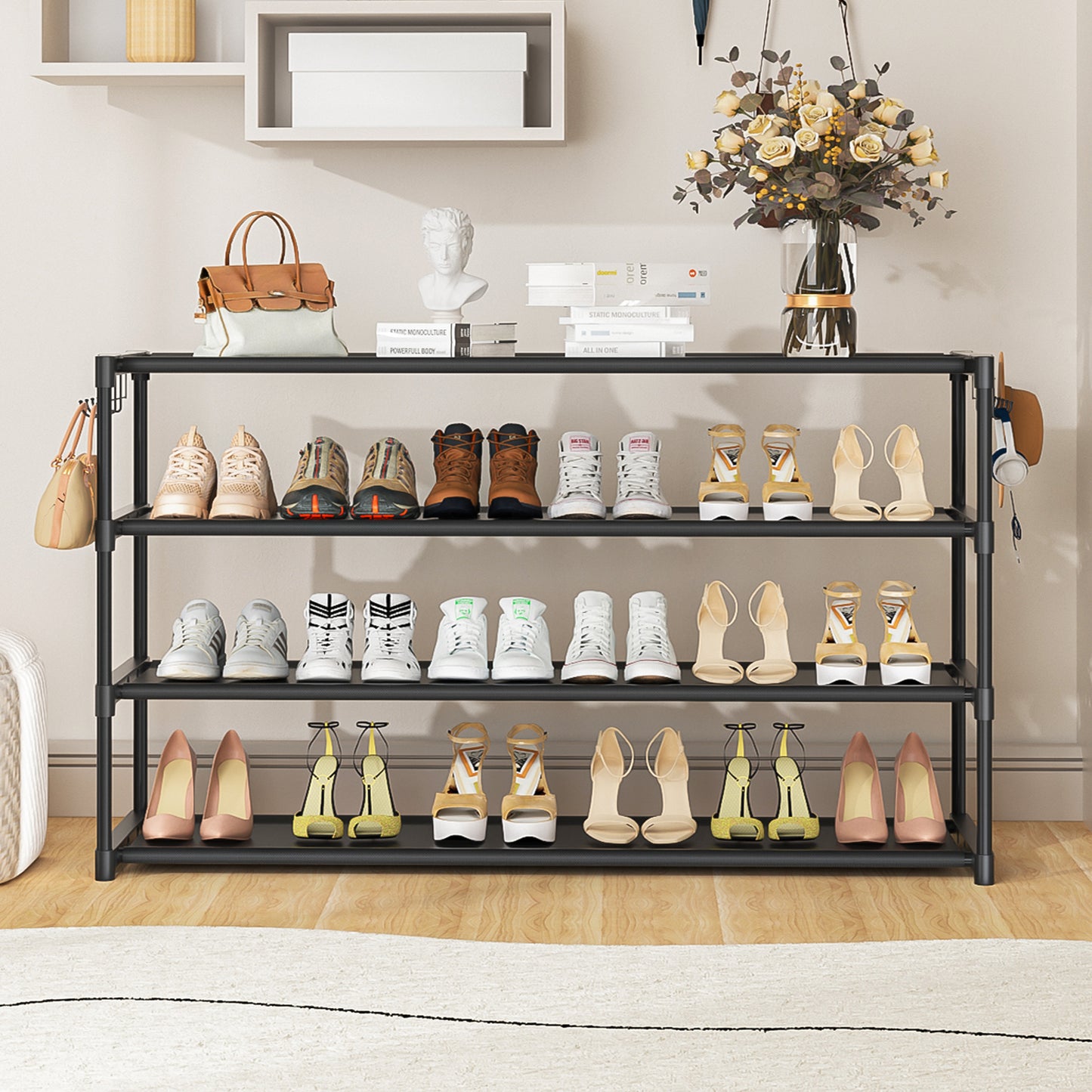 Extra Long Shoe Rack 4 Tier Shoe Storage Organizer with 2 Hooks, Wide Stackable Shoe Organizer Racks for Closet Entryway,Shoe Shelf Stand Sturdy Durable Shoes Holder Save Space Up to 26Pairs