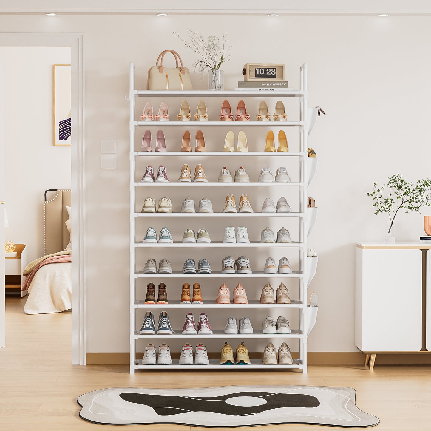 Tall Shoe Rack 10 Tier Shoe Racks Organizer for Closet 40-45Pairs,Large Capacity Storage Rack for Shoes with 5Hooks,Sturdy Metal Shoe Shelf, Vertical Shoe Stand Tower