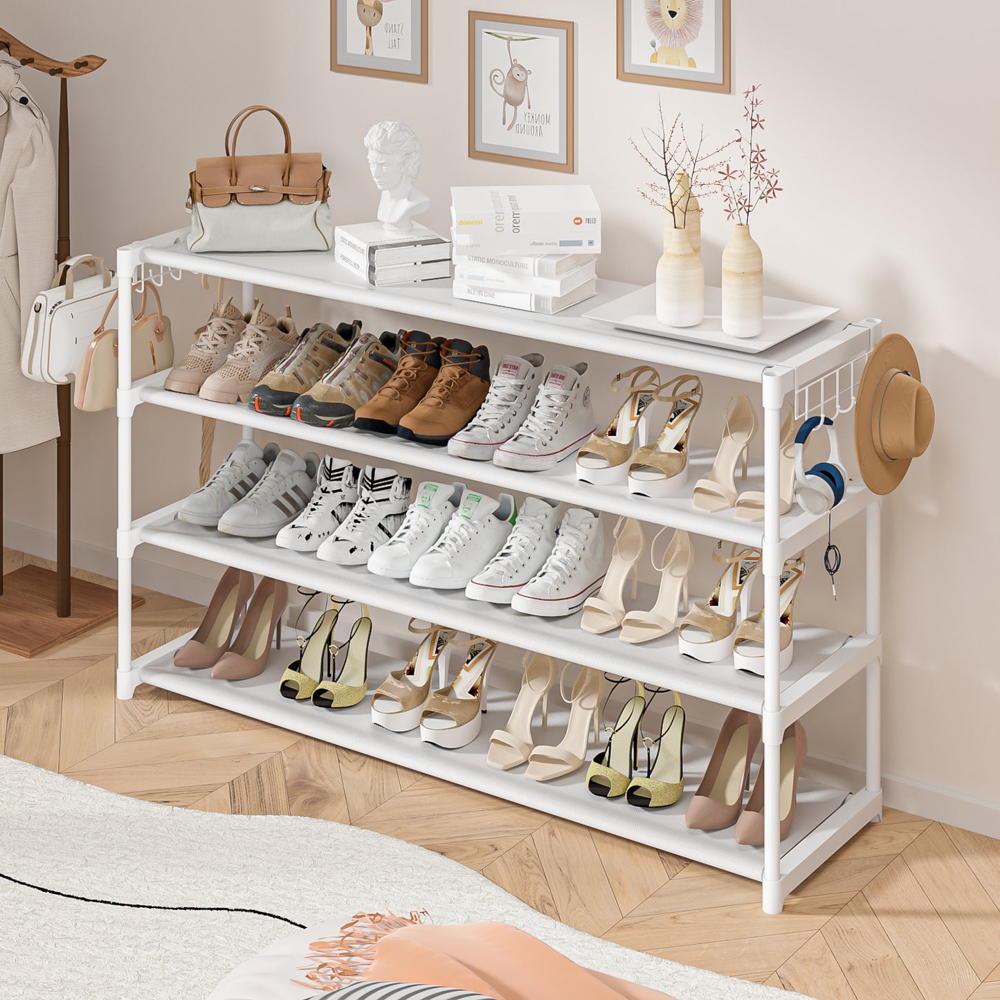 Extra Long Shoe Rack 4 Tier Shoe Storage Organizer with 2 Hooks, Wide Stackable Shoe Organizer Racks for Closet Entryway,Shoe Shelf Stand Sturdy Durable Shoes Holder Up to 26Pairs, White