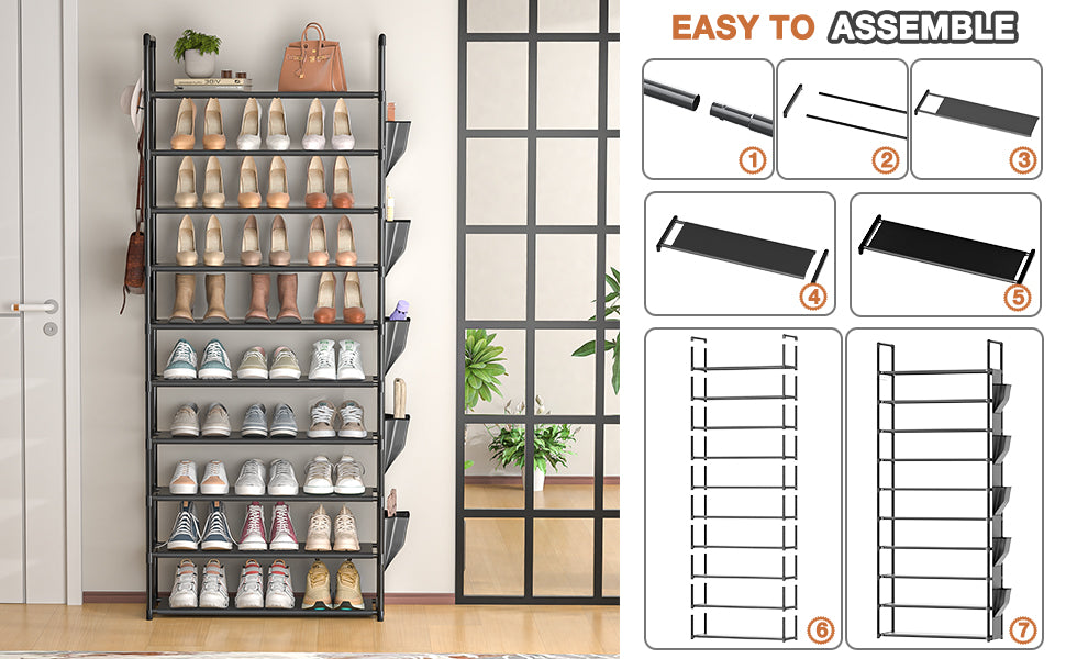 LUKYTOWER Tall Shoe Rack - 10 Tier Shoe Organizer with 5 Hooks, Pocket & Sturdy Stand for Closet Shoes