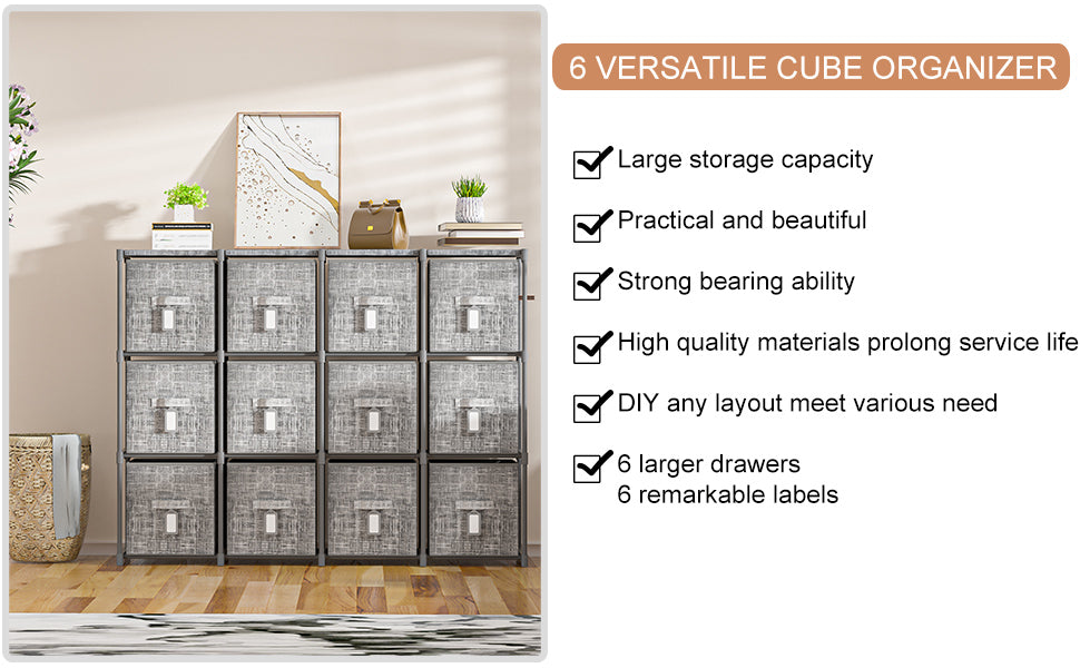 LUKYTOWER 6 Drawer Dresser, Fabric Storage Chest Cube Organizer,Drawer Clothes Organizer - 6 Drawers Storage Organizer Unit for Closet, Closet Dresser for Dorm, Bedroom, Hallway