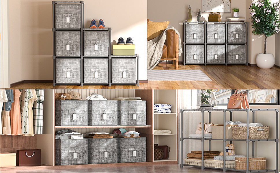 LUKYTOWER Cube Storage Organizer Shelf with 6 Printed Bins + Labels, Cubby Storage Organizer with Bins, Large Capacity Shelves for Storage,Closet, Living Room, Dorm, Yarn