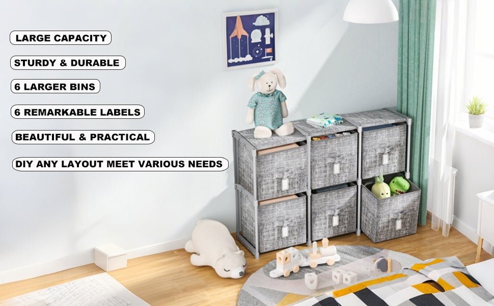 LUKYTOWER Cube Storage Organizer Shelf with 6 Printed Bins + Labels, Cubby Storage Organizer with Bins, Large Capacity Shelves for Storage,Closet, Living Room, Dorm, Yarn