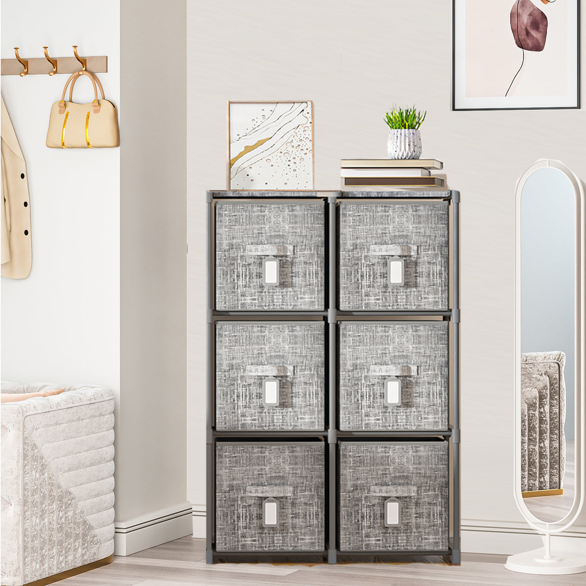 LUKYTOWER Cube Storage Organizer Shelf with 6 Printed Bins + Labels, Cubby Storage Organizer with Bins, Large Capacity Shelves for Storage,Closet, Living Room, Dorm, Yarn