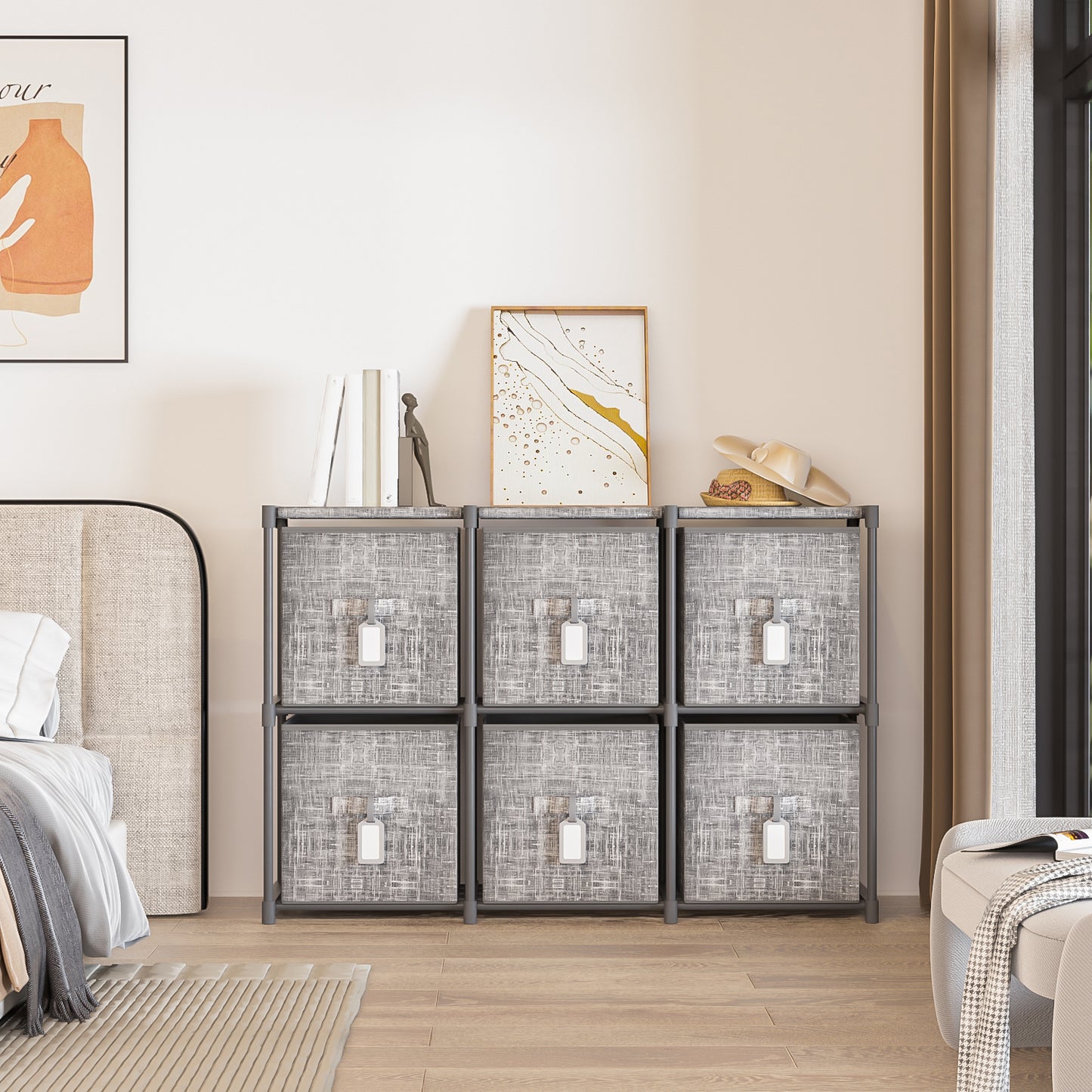 LUKYTOWER Cube Storage Organizer Shelf with 6 Printed Bins + Labels, Cubby Storage Organizer with Bins, Large Capacity Shelves for Storage,Closet, Living Room, Dorm, Yarn