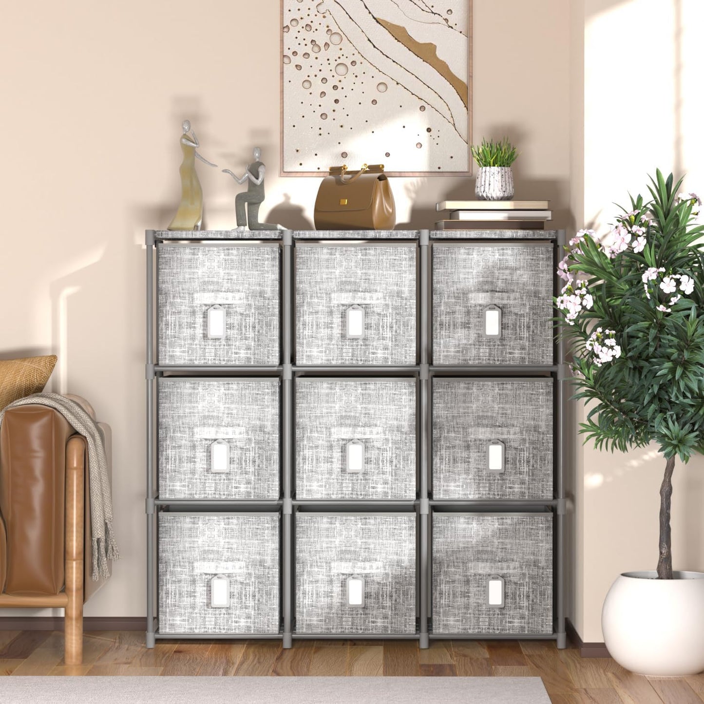 LUKYTOWER 9 Cube Closet Organizers and Storage with Beautiful Printed Cube Storage Organizer Drawers + Labels,9 Cube Storage Shelf, Toy Cubby Storage Organizer, Cube Organizer