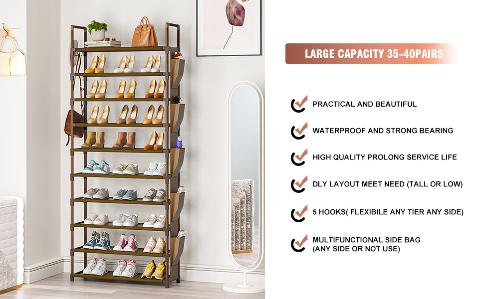 Tall Shoe Rack - 10 Tier Organizer for Closet, 30-35 Pairs, Large Capacity with 5 Hooks and Side Pocket, Sturdy Metal Shoe Shelf, Vertical Shoe Stand Tower