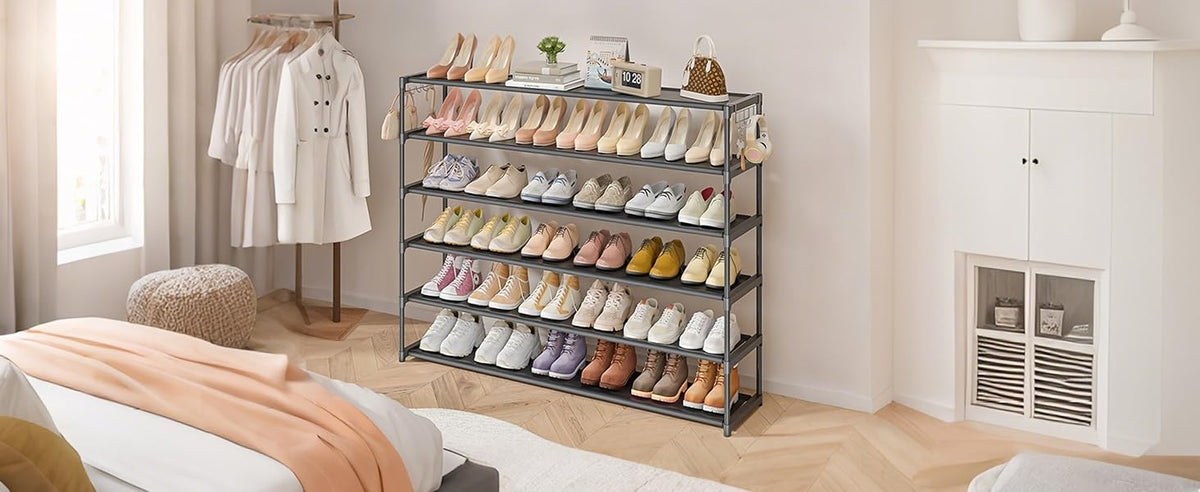 LUKYTOWER Extra Long Shoe Rack 6 Tier 39Pairs, Shoe Storage Organizer with 2 Hooks, Wide Stackable Shoe Organizer Racks for Closet Entryway,Shoe Shelf Stand Sturdy Durable Shoes Holder, Black