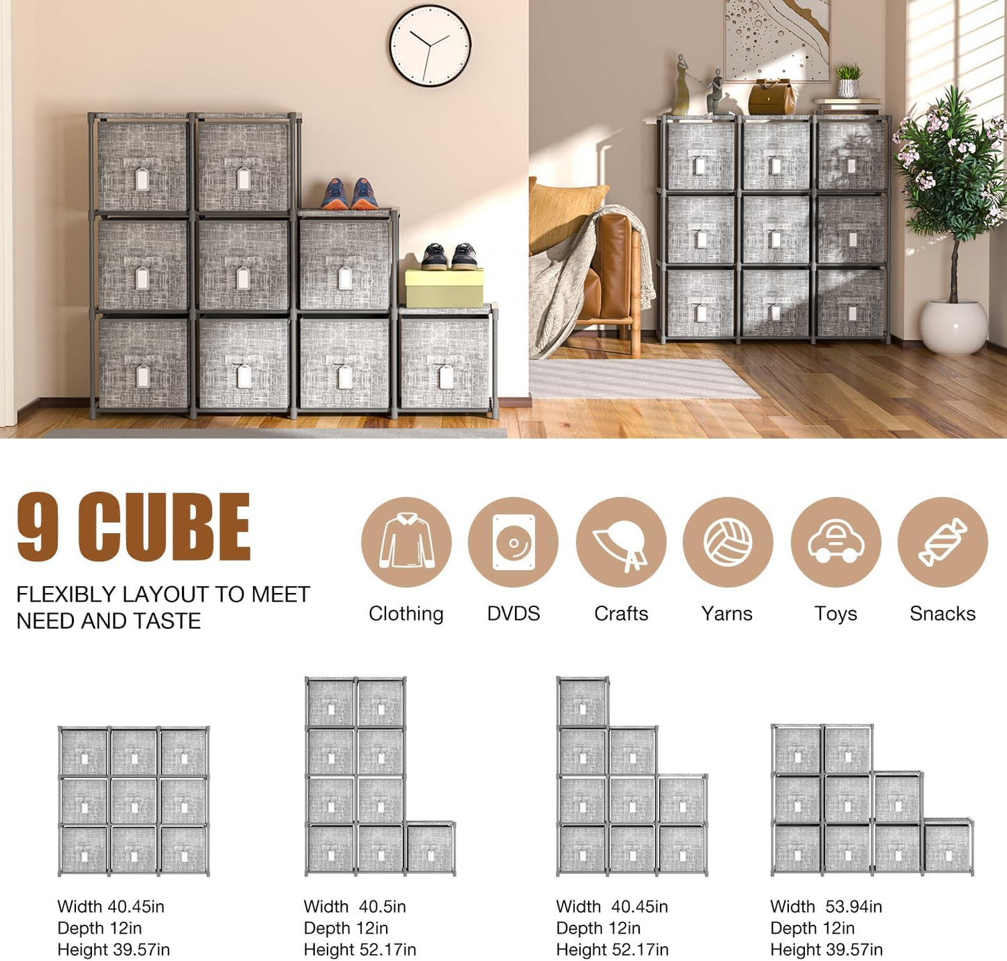 LUKYTOWER 9 Cube Closet Organizers and Storage with Beautiful Printed Cube Storage Organizer Drawers + Labels,9 Cube Storage Shelf, Toy Cubby Storage Organizer, Cube Organizer