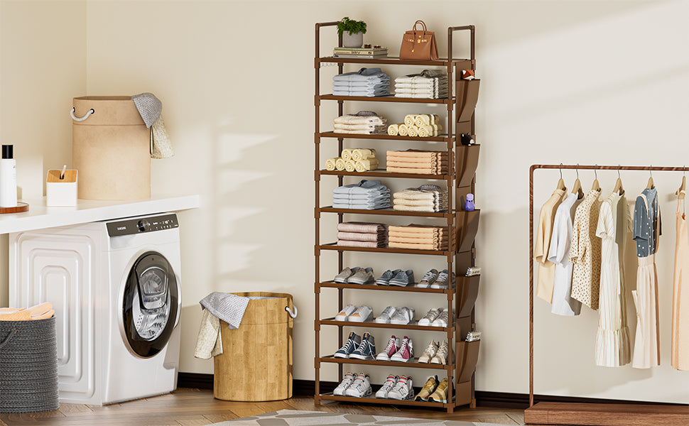 Tall Shoe Rack - 10 Tier Organizer for Closet, 30-35 Pairs, Large Capacity with 5 Hooks and Side Pocket, Sturdy Metal Shoe Shelf, Vertical Shoe Stand Tower