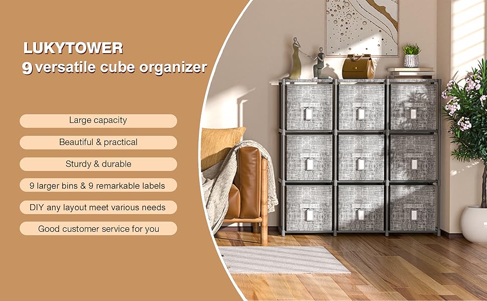 LUKYTOWER 9 Cube Closet Organizers and Storage with Beautiful Printed Cube Storage Organizer Drawers + Labels,9 Cube Storage Shelf, Toy Cubby Storage Organizer, Cube Organizer